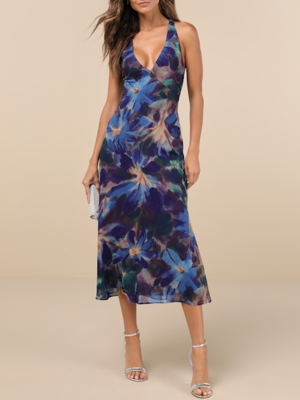 Lulus Delight In Elegance Blue Multi Floral Halter Cutout Midi Dress - Size L